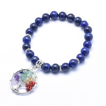 Natural Lapis Lazuli Stretch Charm Bracelets, with Alloy Pendants, Flat Round with Tree, 2-1/4 inch(56mm)