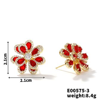 Copper & Zirconia Flower Petal Stud Earrings for Women, Elegant and Luxurious, Golden, 21x21mm