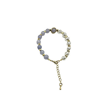 Natural Aquamarine Round Beaded Bracelet, Golden, 7-1/8~9-1/8 inch(18~23cm)