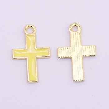Alloy Enamel Pendants, Lead Free & Cadmium Free, Cross, Light Gold, Light Khaki, 16x10x1mm, Hole: 1.5mm