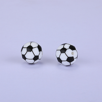 Printed Round with Football Pattern Silicone Focal Beads, White, 15x15mm, Hole: 2mm