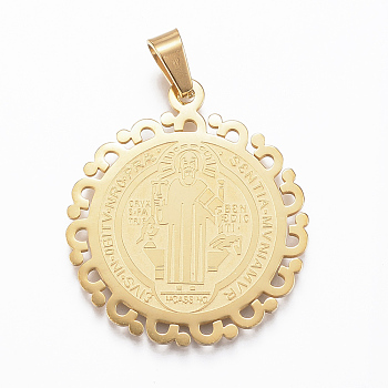304 Stainless Steel Pendants, Flat Round with Saint Benedict Medal, Golden, 28x25x1mm, Hole: 4x7mm