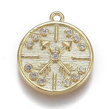 Brass Micro Pave Clear Cubic Zirconia Pendants, Long-Lasting Plated, Flat Round with Clock, Real 18K Gold Plated, 17x15x2mm, Hole: 1.2mm