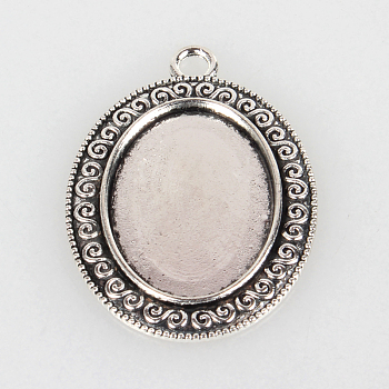 Tibetan Style Alloy Pendant Cabochon Settings, Cadmium Free & Lead Free, Oval, Antique Silver, Tray: 18x25mm, 39x28x2mm, Hole: 3mm