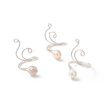 Copper Wire Wrapped Natural Freshwater Pearl Cuff Rings for Women, Silver, 2.5~39.5mm, Inner Diameter: 20mm