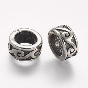 304 Stainless Steel Beads, Rondelle, Large Hole Beads, Antique Silver, 13x6.5mm, Hole: 8.5mm