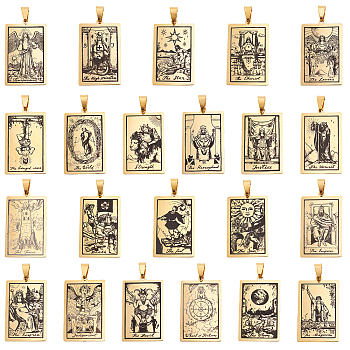 201 Stainless Steel Pendants, Laser Engraved Pattern, Rectangle with Tarot Card Patterns, Golden, 40x24x1mm, Hole: 8x4mm, 22pcs/set, 1set/box