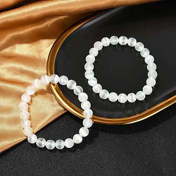 Dyed Natural Selenite Round Beaded Stretch Bracelets for Women, White, 3/8 inch(0.85cm), Inner Diameter: 2-1/4 inch(5.6cm)