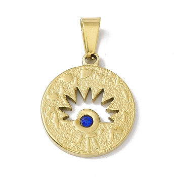 Vacuum Plating 304 Stainless Steel Pendants, with Sapphire Rhinestone, Flat Round with Horse Eye, Golden, 21x8x2mm, Hole: 6.5x3mm