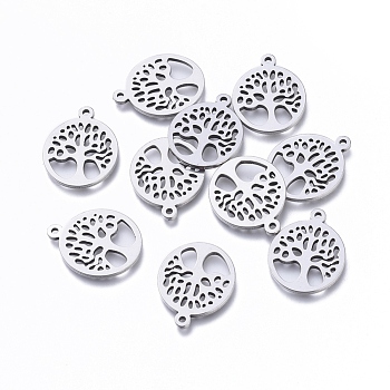 304 Stainless Steel Pendants, Laser Cut, Oval with Tree of Life, Stainless Steel Color, 15.5x14x1mm, Hole: 1.2mm