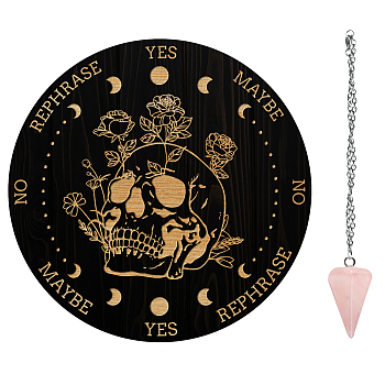 AHADEMAKER 1Pc Custom PVC Plastic Pendulum Board, 1Pc 304 Stainless Steel Cable Chain Necklaces, 1Pc Natural Rose Quartz Stone Pendants, for Witchcraft Wiccan Altar Supplies, Rose Pattern, Board: 200x4mm