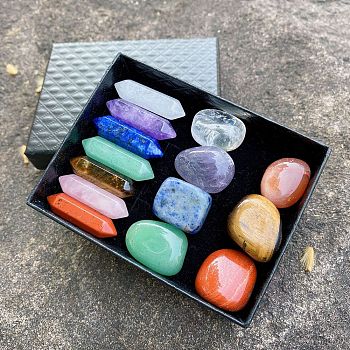 Healing Crystals and Stones Kits, Including 7 Chakra Pointed Gemstones and 7 Tumbled Nuggets Spiritual Stones, Colorful, 88x68x30mm