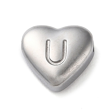 201 Stainless Steel Beads, Stainless Steel Color, Heart, Letter U, 7x8x3.5mm, Hole: 1.5mm