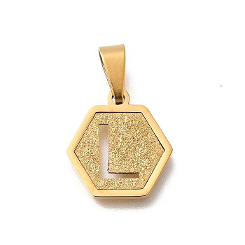 304 Stainless Steel Charms, Real 18K Gold Plated, Hexagon with Letter Charm, Letter L, 15x14x1.5mm, Hole: 3x5.5mm