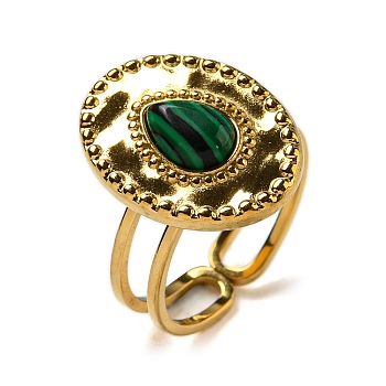 Ion Plating(IP) Oval with Teardrop 304 Stainless Steel Open Cuff Rings, Synthetic Malachite Finger Rings for Women Men, Real 18K Gold Plated, US Size 6(16.5mm)