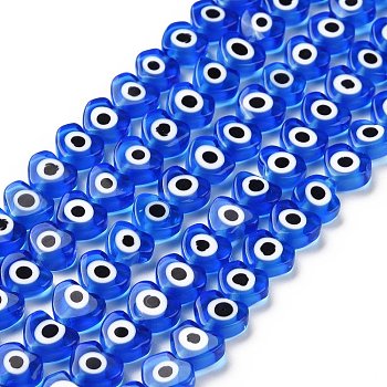 Handmade Evil Eye Lampwork Beads Strands, Heart, Blue, 6~7x8x3mm, Hole: 1mm, about 47~49pcs/strand, 13.19~13.98 inch(33.5~35.5cm)