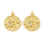 Brass Micro Pave Clear Cubic Zirconia Pendants, Flat Round with Sun & Moon Charms, Golden, 21.5x18x3.5mm, Hole: 3mm(CU-CBA9175-18G)