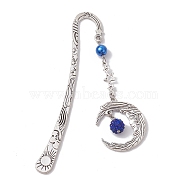 Alloy Moon Pendant Bookmark, Tibetan Style Alloy Hook Bookmarks, with Glass Pearl, Medium Blue, 112mm(AJEW-JK00296-04)