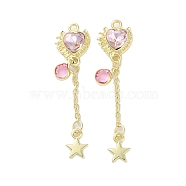 Rack Plating Alloy Pendants, with Rhinestone, Heart, Golden, Light Rose, 57x14x5mm, Hole: 2mm(FIND-C062-03G-02)