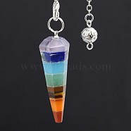 Chakra Natural Mixed Stone Hexagonal Pointed Dowsing Pendulums, with Platinum Plated Brass Chains, Faceted Charm, Mixed Dyed and Undyed, Pyramid Pattern, 46x13mm, Chain: 18m(CHAK-PW0001-006A)