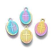 Ion Plating(IP) 304 Stainless Steel Pendants, Laser Cut, Oval with Cross, Rainbow Color, 15.5x9.5x0.5mm, Hole: 1.2mm(STAS-M228-I01-M)