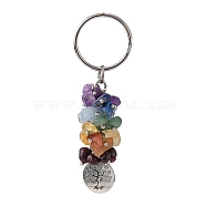 Natural Gemstone Keychain, with Brass Findings, Flat Round with Tree, 78mm, Pendant: 19x15x1.5mm(KEYC-JKC00163-03)