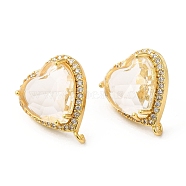Rack Plating Brass Rhinestone Stud Earring Finding, with Glass, Heart with Vertical Loops, Real 18K Gold Plated, Cadmium Free & Lead Free, Clear, 20.5x17mm, Hole: 1.6mm, Pin: 0.7mm(KK-C023-03D)