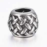 304 Stainless Steel Basket Weave Pattern Beads, European Beads, Barrel, Antique Silver, 9x7.5mm, Hole: 5mm(STAS-G153-49AS)