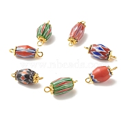 Lampwork Bead Connector Charms, with Golden Tone Brass Finding, Barrel, Mixed Color, 18~19x7~9x7~9mm, Hole: 1.6mm(PALLOY-JF01364)