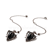 Natural Obsidian Triangle Dowsing Pendulum Pendants, with Quartz Crystal Round Beads, Rack Plating Alloy Findings & Chains, Cadmium Free & Lead Free, 290mm(G-G022-01R-07)