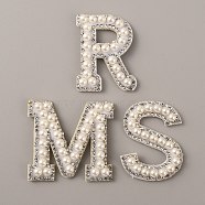 Letter.M/R/S Plastic Imitation Pearl Beaded Iron on Appliques for Wedding, with Non-Woven Fabric, White, 45~46x32.5~49x5mm, 3pcs/set(PATC-WH0005-03)