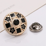 Plastic Brooch, Alloy Pin, with Rhinestone, Enamel, for Garment Accessories, Round with Flower & Square, Black, 18mm(SENE-PW0013-07A-11A)