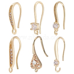 24Pcs 6 Style Brass Micro Pave Clear Cubic Zirconia Earring Hooks, with Loop, Golden, 15~18x2~3.5mm, Hole: 1.2mm, Pin: 0.6~1mm, 4pcs/style(KK-BBC0002-11)