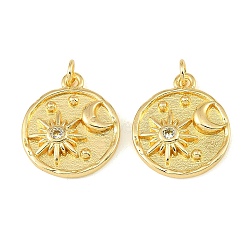 Brass Micro Pave Clear Cubic Zirconia Pendants, Flat Round with Sun & Moon Charms, Golden, 21.5x18x3.5mm, Hole: 3mm(CU-CBA9175-18G)