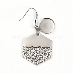 304 Stainless Steel Earring Hooks, with Flat Round Settings, Hexagon, Stainless Steel Color, Tray: 12mm, 47mm, Pin: 0.8mm(STAS-WH0027-20A)