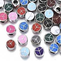 UV Plating Acrylic European Beads, with Enamel, Large Hole Beads, Flat Round with Peace Sign, Mixed Color, Platinum, 10x6.5mm, Hole: 4mm(OACR-T005-99P)