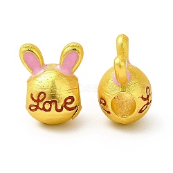 Rack Plating Alloy Enamel European Beads, Large Hole Bead, Rabbit with Word Love, Matte Gold Color, Pearl Pink, 13.5x10x9mm, Hole: 4mm(ENAM-M048-10MG-A)