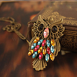 Owl Alloy Colorful Rhinestone Pendant Long Necklaces, Antique Golden, 27.56 inch(70cm)(FS-WGE0302-01)