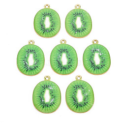 Light Gold Alloy Enamel Pendants, Cadmium Free & Nickel Free & Lead Free, Kiwi Fruit Slice, Lime Green, 26.5x19.5x2mm, Hole: 1.8mm(X-ENAM-S126-124)