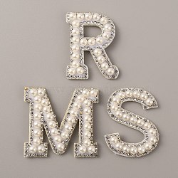 Letter.M/R/S Plastic Imitation Pearl Beaded Iron on Appliques for Wedding, with Non-Woven Fabric, White, 45~46x32.5~49x5mm, 3pcs/set(PATC-WH0005-03)