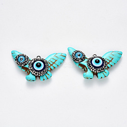 Synthetic Turquoise Pendants, with Polymer Clay Rhinestones, Evil Eye Resin and Iron Loop, Dyed, Butterfly, Gunmetal, Turquoise, PP12(1.8~1.9mm), 29~32x49x11.5mm, Hole: 2mm(TURQ-N213-01)