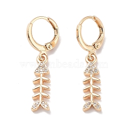 Real 18K Gold Plated Brass Dangle Leverback Earrings, with Cubic Zirconia, Fishbone, Clear, 33x6mm(EJEW-L269-023G)