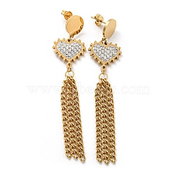 Ion Plating(IP) Rhinestone Heart Dangle Stud Earrings, 304 Stainless Steel Chains Tassel Earrings, Golden, 75x16mm(EJEW-D083-04G)