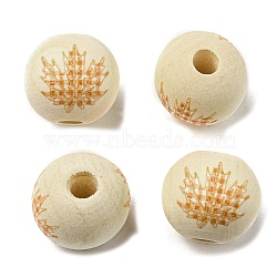 Autumn Wood European Beads, Printed Large Hole Beads, Round, Leaf, 16mm, Hole: 4mm(WOOD-H105-04B-02)