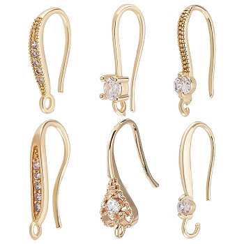 24Pcs 6 Style Brass Micro Pave Clear Cubic Zirconia Earring Hooks, with Loop, Golden, 15~18x2~3.5mm, Hole: 1.2mm, Pin: 0.6~1mm, 4pcs/style