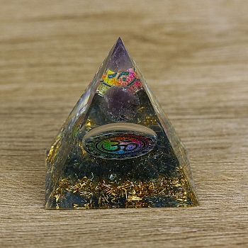 Orgonite Pyramid Resin Energy Generators, Reiki Natural Amethyst and Lampwork Chips Inside for Home Office Desk Decoration, Symbol, 60mm