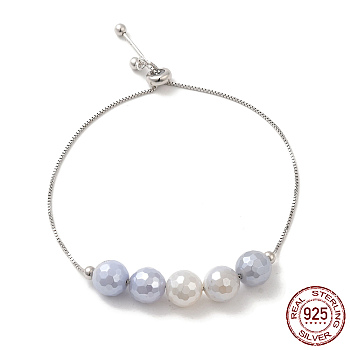 Rhodium Plated Real Platinum Plated 925 Sterling Silver Slider Bracelets, with Dyed Natural Agate Round Beaded, with S925 Stamp, Light Steel Blue, 8-5/8 inch(22cm)