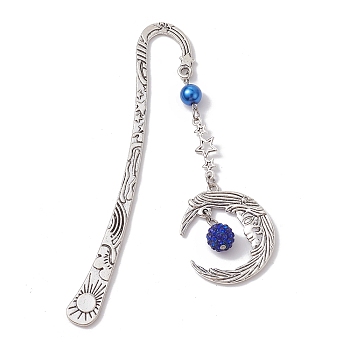 Alloy Moon Pendant Bookmark, Tibetan Style Alloy Hook Bookmarks, with Glass Pearl, Medium Blue, 112mm