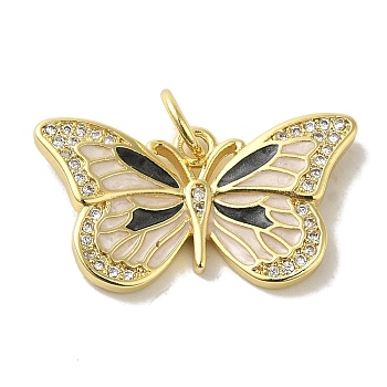 Brass Enamel Micro Pave Cubic Zirconia Pendants, Real 18K Gold Plated Butterfly Charms, with Jump Ring, Linen, 14x25x3mm, Hole: 4.2mm