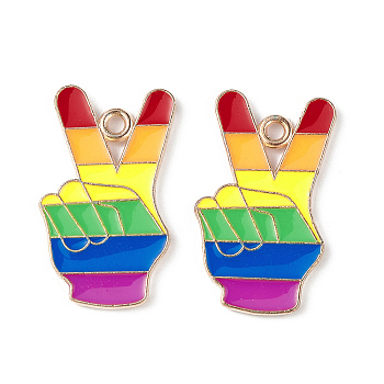 Rainbow Color Pride Alloy Enamel Pendants, Victory Sign Hand Charm, Light Gold, Colorful, 25.5x15x1.5mm, Hole: 2mm